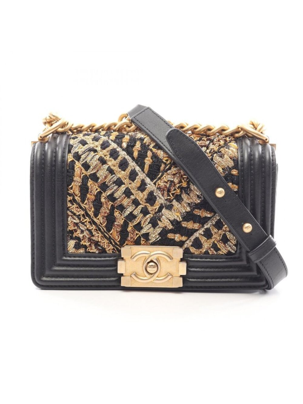 Chanel Shoulder Bag Boy Small Black Gold Lambskin V-stitch Chain